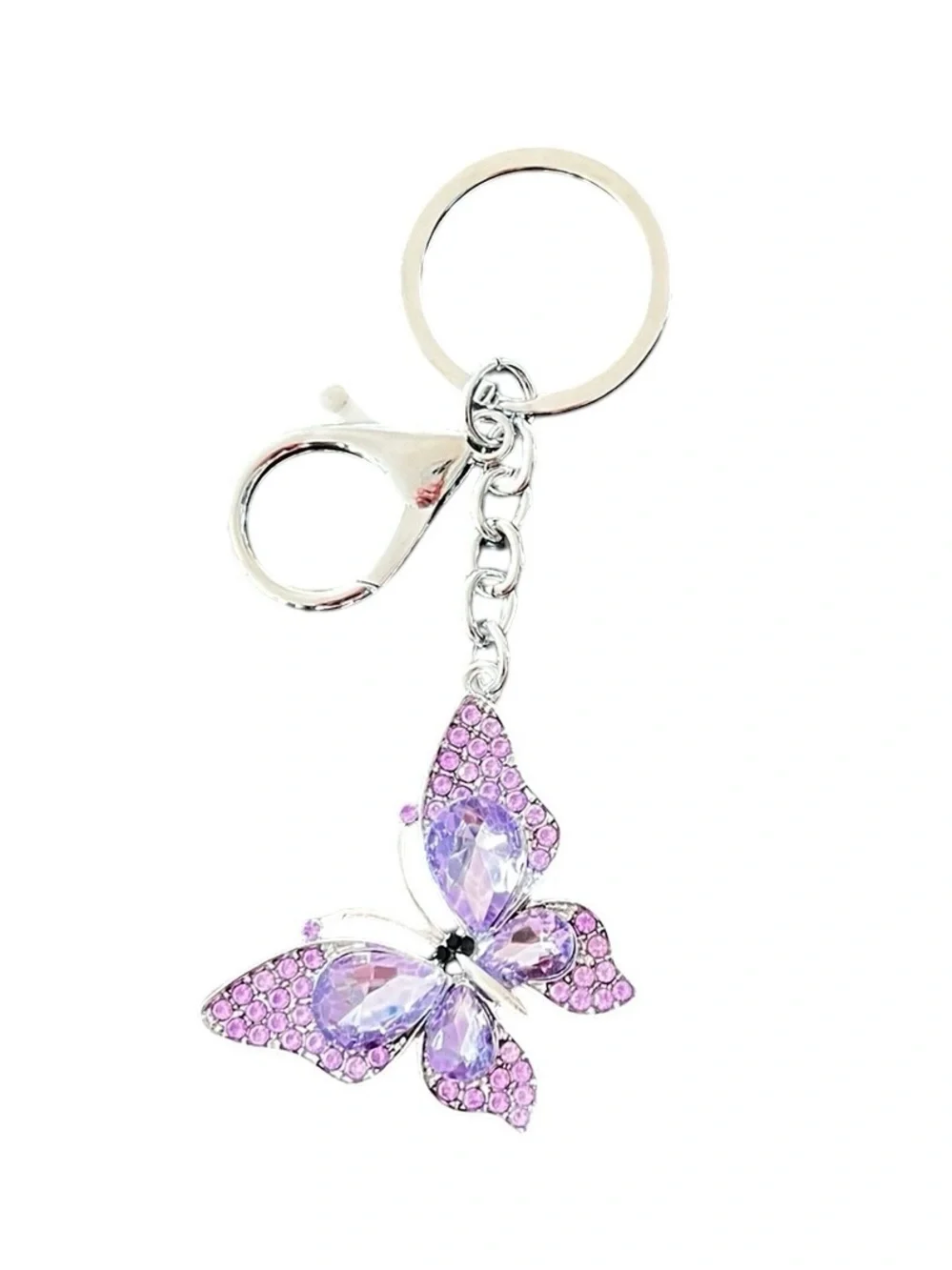 Butterfly Allover Purple Rhinestone Silver 2” Keychain Bag Purse Charm Monarch